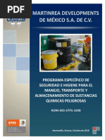 Programa Especifico de Seguridad e Higiene para El Manejo, Transporte y Almacenamiento de Sustancias Quimicas Peligrosas