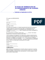 Carta de Aviso de Terminación de Contrato de Arrendamiento de Vivienda Urbana