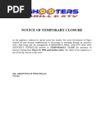 Notice of Temporary Closure: Ma. Argentina B. Wenceslao