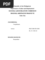 Republic of The Philippines Department of Labor and Employment National Labor Relations Commission Regional Arbitration Branch Vii Cebu City