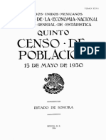 Quinto Censo de Población. 15 de Mayo de 1930. Estado de Sonora