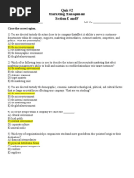 Quiz #2 Marketing Management Section E and F: Circle The Correct Option