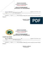 Certificate Ofappearance: Republi Cofthephi LI PPI NES Provi Nceofdavaoori Ental Muni CI Pali Tyofgovernorgeneroso