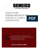 Ensayo de Permeabilidad de Suelos A Carga Constante: Carrera: Curso: Profesor: Alumnos