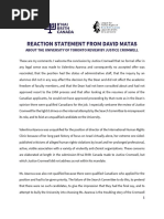 Reaction Statement From David Matas About The University of Toronto Review by Justice Cromwell