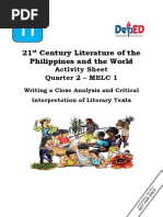 21 Century Literature of The Philippines and The World: Activity Sheet Quarter 2 - MELC 1