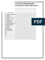 Chemistry Class Attendance Sheet COARSE CODE 402 (Teacher's Name: Mam Uzma)