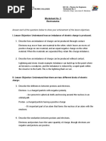 Worksheet No. 5 Electrostatics: Answer Each of The Questions Below To Show Your Achievement of The Lesson Objectives