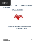 Institute of Management Studies Davv, Indore: A Study On Inbound Logistic Strategy of Reliance Fresh