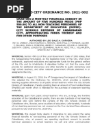 Proposed City Ordinance No. 2021 002 Granting Financial Subsidy To Deped Non Teaching Personnel