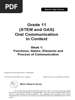 Grade 11 (STEM and GAS) Oral Communication in Context: Week 1: Functions, Nature, Elements and Process of Communication