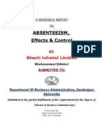 Absenteeism, Effects & Control: Bharti Infratel Limited