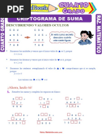 Criptograma de Suma para Cuarto Grado de Primaria