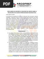 Carta Abierta Arcopref A Mindeporte Sobre Juegos Intercolegiados2021