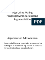 Mga Uri NG Maling Pangangatwiran Sa Tekstong Argumentatibo