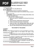 Weekly Learning Activity Sheets Practical Research 2-Quarter 1, Week 5 Writing A Research Title