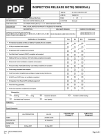 Inspection Release Note (General) : Verification of Completion Yes No N/A Comments