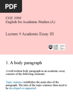 CGE 1000 English For Academic Studies (A) : Lecture 9 Academic Essay III