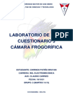 Laboratorio de R&Aa Cuestionario 3 Cámara Frogorífica: Universidad Mayor de San Simon Facultad de Ciencias Y Tecnología