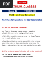 Unit 2 Spreadsheet Class 10 IT Code 402 Important Questions