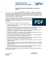 Política Del Sistema de Gestión de La Seguridad y Salud en El