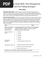 Note Taking Study Skills Time Management and Test Taking Handout