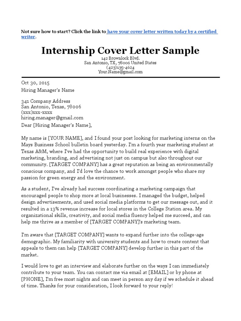 Internship Cover Letter Sample: Not Sure How To Start? Click The Link ...