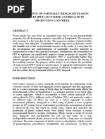 Performance of Partially Replaced Plastic Bottoles (Pet) As Coarse Aggregate in Producing Concrete