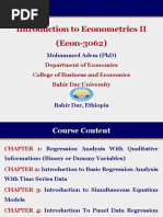 Introduction To Econometrics Ii (Econ-3062) : Mohammed Adem (PHD)