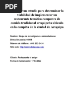 Elaborar Un Estudio para Determinar La Viabilidad de Implementar Un Restaurante Temático Campestre de Comida Tradicional Arequipeña Ubicado en La Campiña de La Ciudad de Arequipa