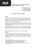 Os Impactos Da Pandemia Na Educação e Os Desafios Da Inserção Da Tecnologia Nos Processos de Ensino