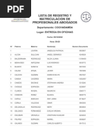 Lista de Registro Y Matriculacion de Profesionales Abogados: Departamento: COCHABAMBA Lugar: Entrega en Oficinas