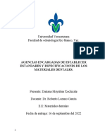 Ensayo 1 Dariana Mayahua. Agencias Encargadas de Establecer Estandares y Especificaciones de Los Materiales Dentales.