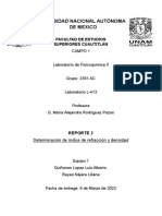 REPORTE 2. Determinación de Índice de Refracción y Densidad