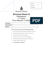 Emanuel Maths 11 Entrance Exam A