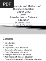 The Concepts and Methods of Distance Education Code# 0842 Unit# 1 Introduction To Distance Education