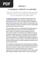 La Inteligencia Artificial y La Creatividad: Texto 1