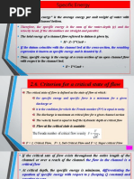 Therefore, The Specific Energy Is The Sum of The Water-Depth (Y) and The Velocity Head, If The Streamlines Are Straight and Parallel