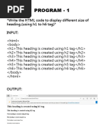 Program - 1: Write The HTML Code To Display Different Size of Heading. (Using h1 To h6 Tag)