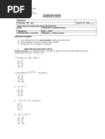 Prueba 8° B Matemática. Potencias y Raíces.