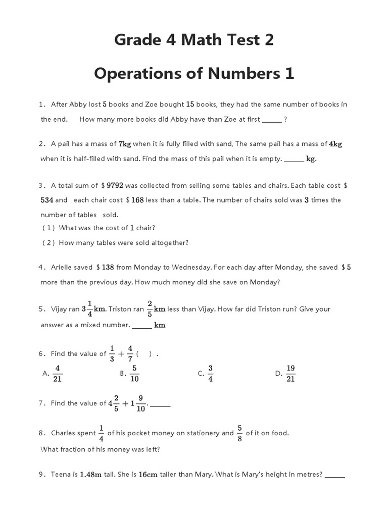 Grade 4 Math Test 2 | PDF