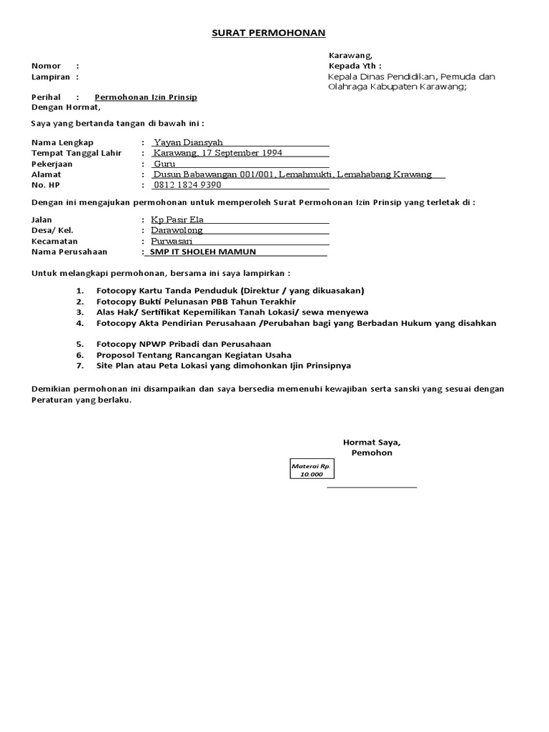 SuratPermohonanIzinPrinsip It Soleh Ma'Mun | PDF