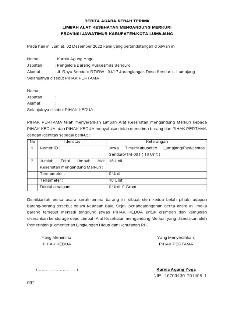 Berita Acara Serah Terima Alkes Bermerkuri | PDF