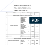 Plan de Inversión - Experiencia Siignificativa Mis Primeras Letras en Familia