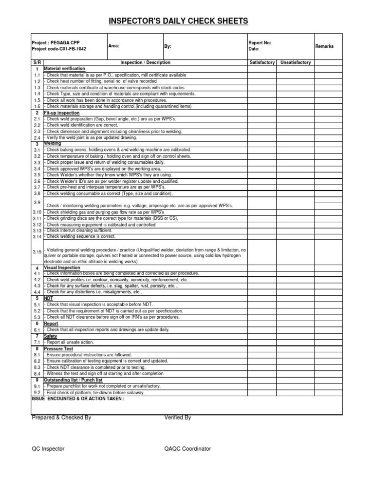 Daily QAQC Check Sheets | PDF | Welding | Construction