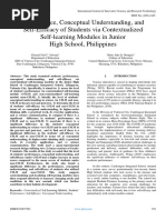 Performance, Conceptual Understanding, and Self-Efficacy of Students Via Contextualized Self-Learning Modules in Junior High School, Philippines