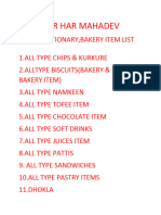 Confectionery & Bakery Item List