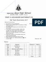 Sydney Boys 2017 Year 10 Maths HY & Solutions