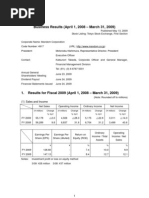 Business Results (April 1, 2008 - March 31, 2009) : (1) Sales and Income