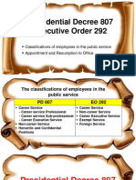 PD 807 and Eo 292 Classifications of Employees in The Public Service Appointment and Resumption To Office